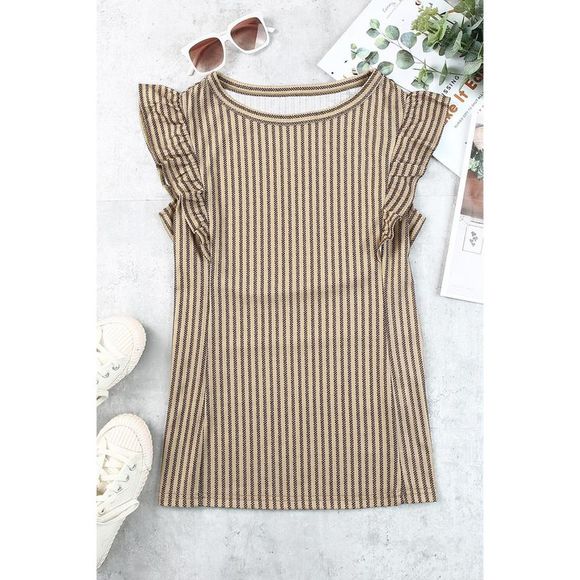 Azura Exchange  Khaki Striped Crew Neck Ruffled Tank Top - Picture 9 of 15